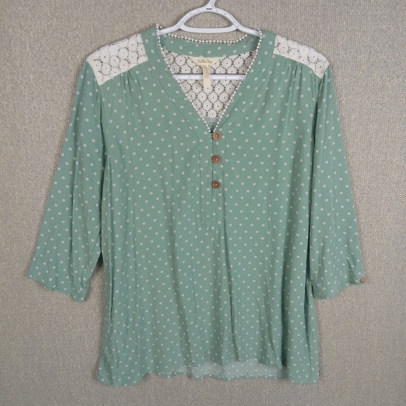 Matilda Jane Blouse Womens Size Large Green Polka Dot Lace Enticing Eyelet Tunic - Picture 1 of 6